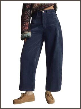 Mid Rise Barrel Jeans Corduroy Wide Leg Cropped Denim Pants Pockets